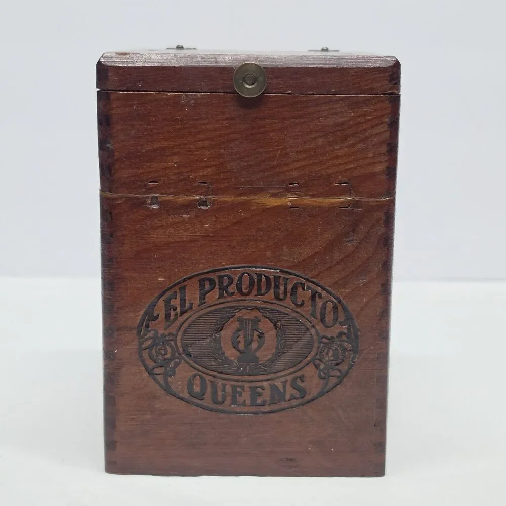 Vintage El Producto Queens Wooden Empty Cigar Box Storage Asymmetrical Lid